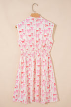 Pink Full Zip Cinched Waist Sleeveless Bow Mini Dress
