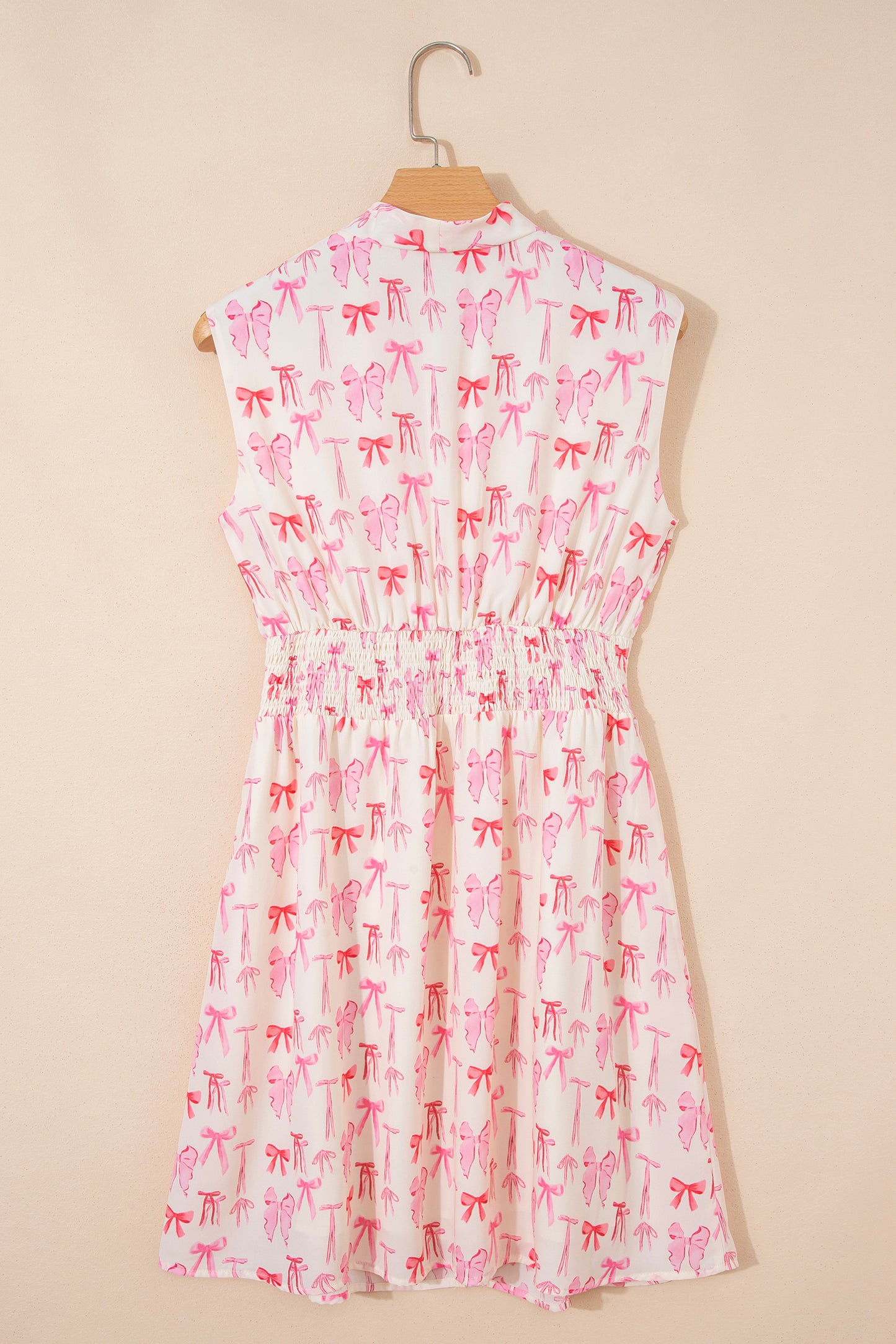 Pink Full Zip Cinched Waist Sleeveless Bow Mini Dress