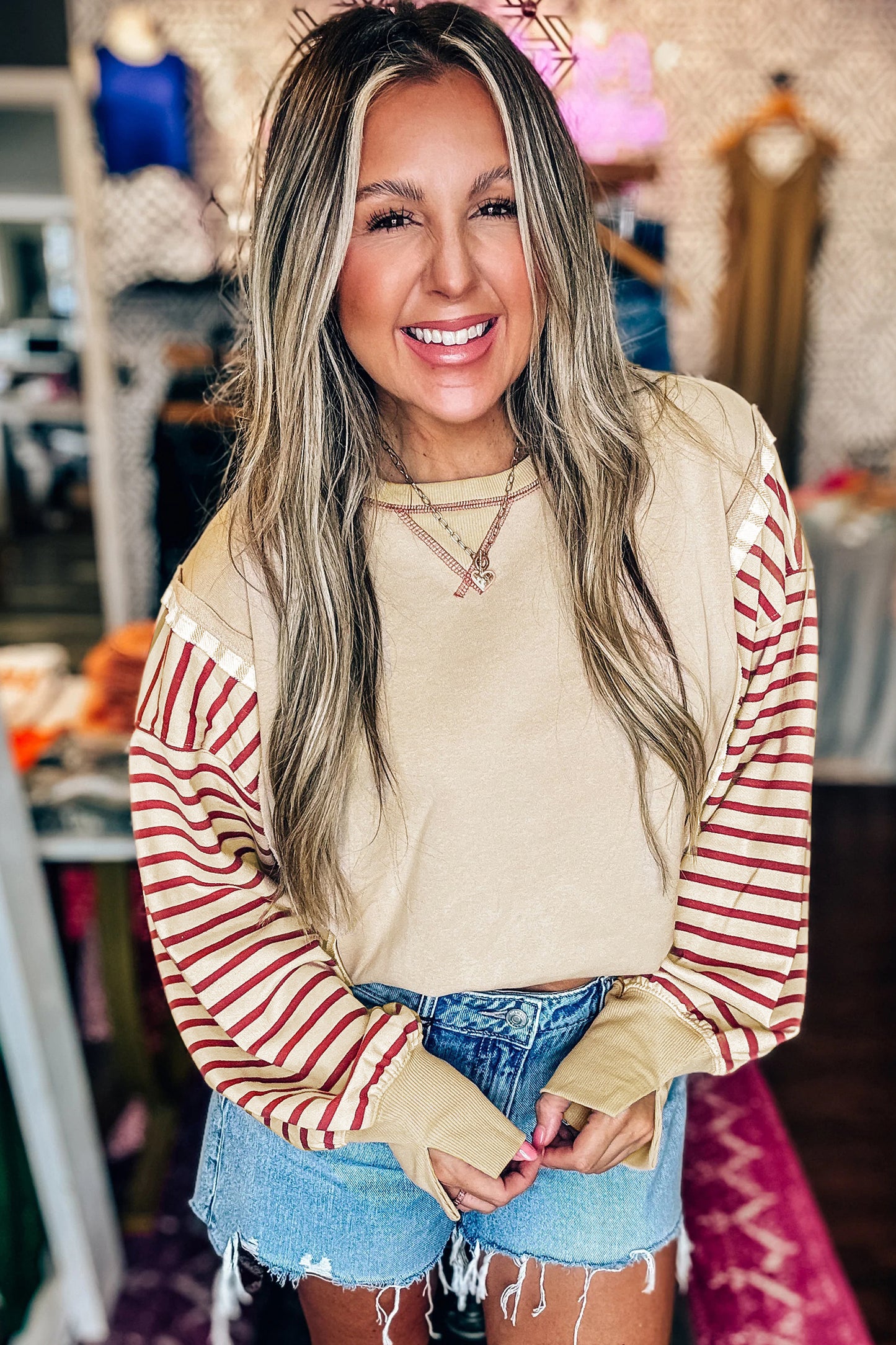 Black Stripe Sleeve Patchwork Casual Knit Top