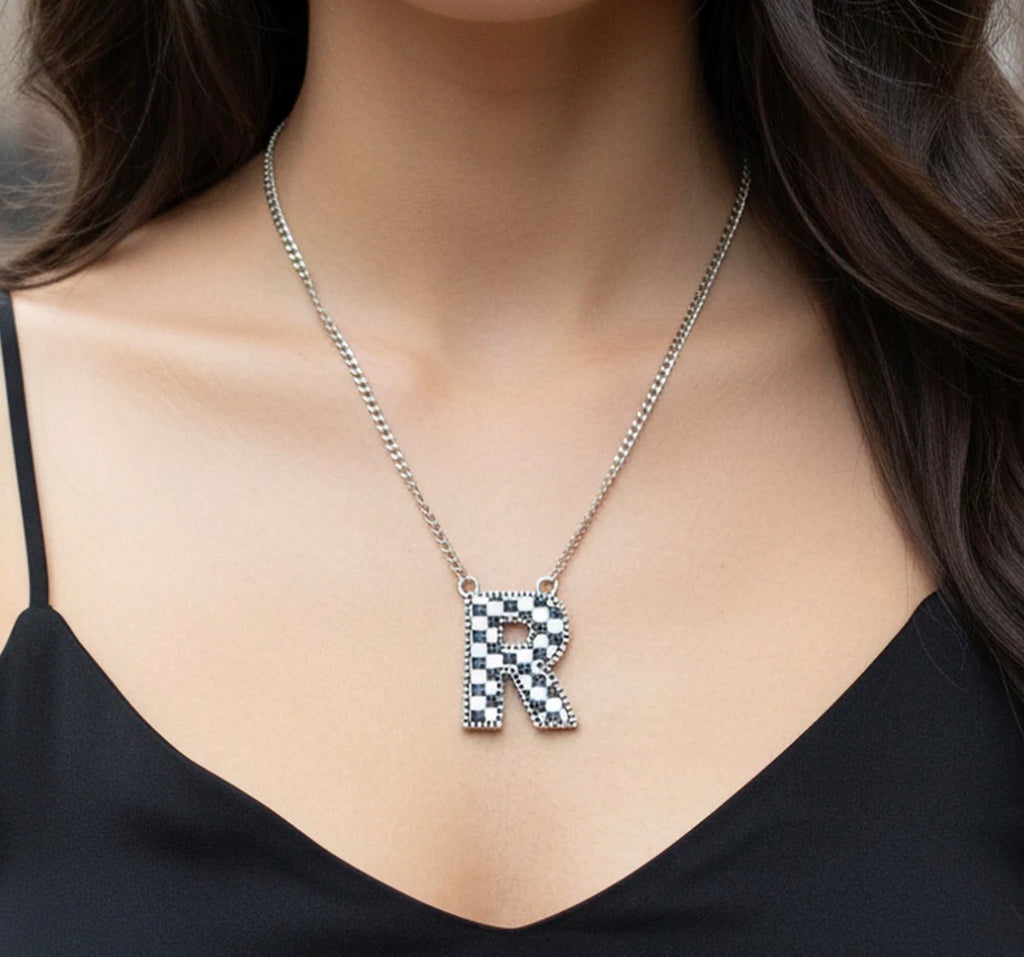 Checkered Initial Necklace - Black and White