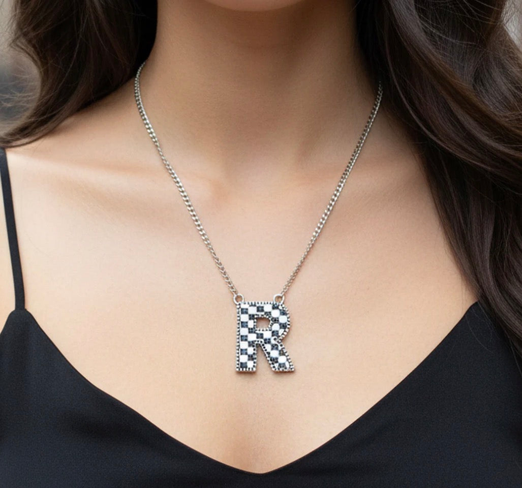 Checkered Initial Necklace - Black and White