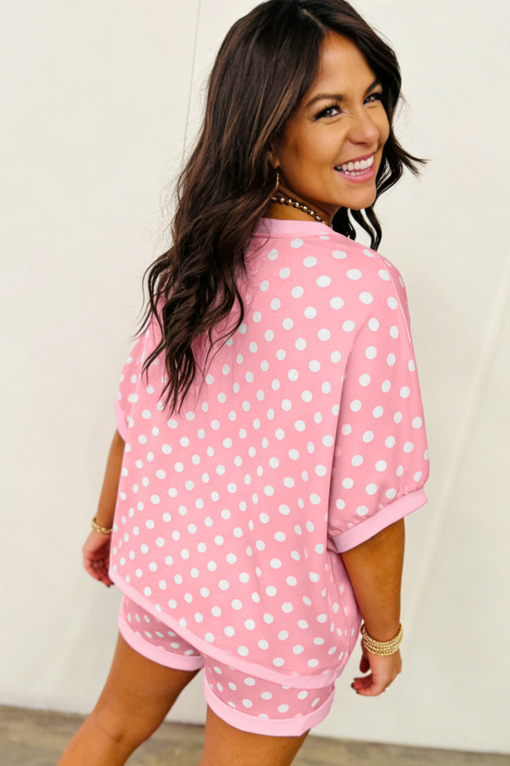 Sky Blue Polka Dot Oversized Top Drawstring Short Set