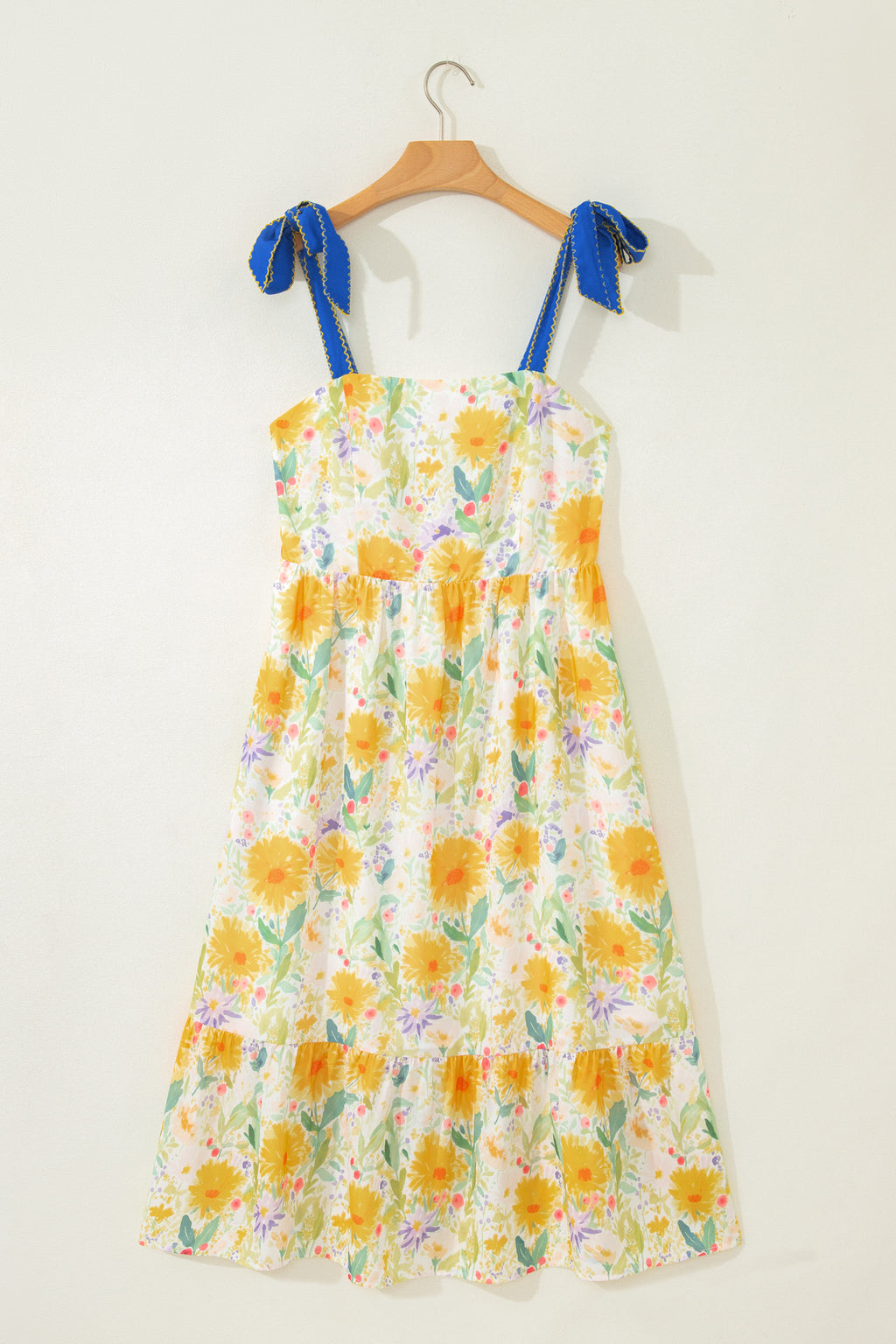 Red Floral Print Contrast Stitched Knot Denim Straps High Waist Dress