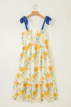 Red Floral Print Contrast Stitched Knot Denim Straps High Waist Dress