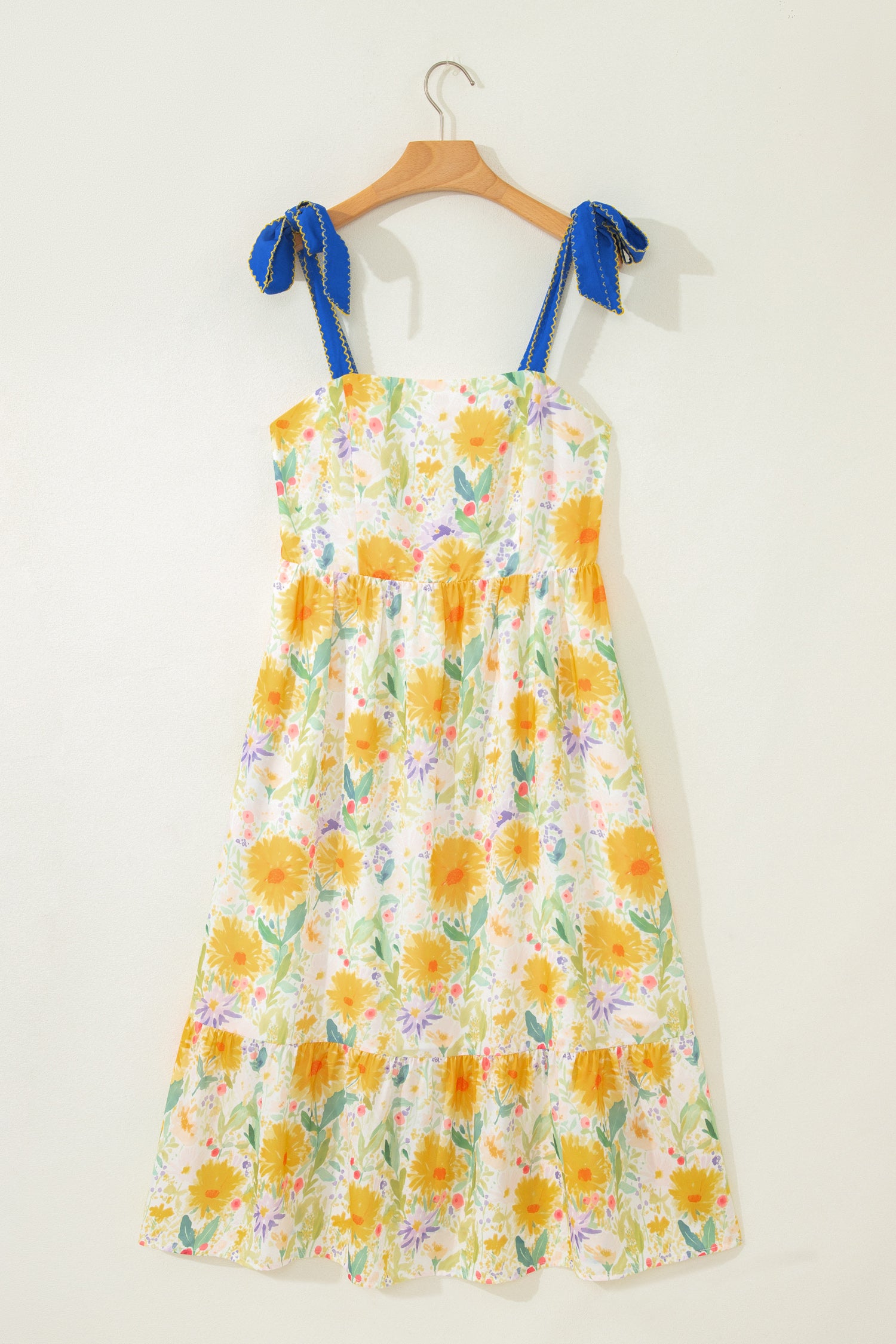 Red Floral Print Contrast Stitched Knot Denim Straps High Waist Dress