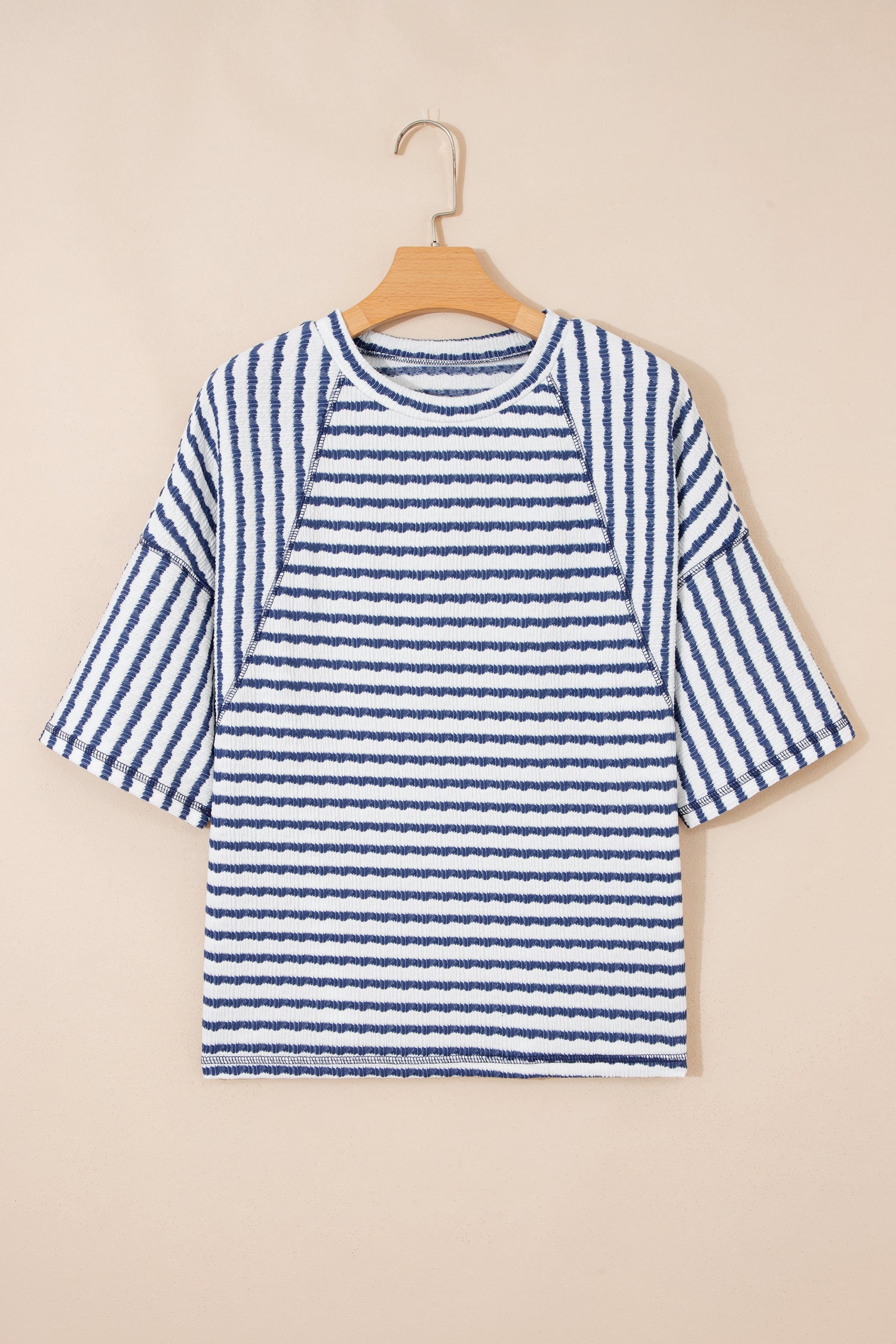 Pink Stripe Textured Knit Split Hem Half Sleeve Loose Top
