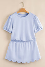Puff Sleeve Pearl Embellished Scallop Trim Top 2 Piece Skort Set