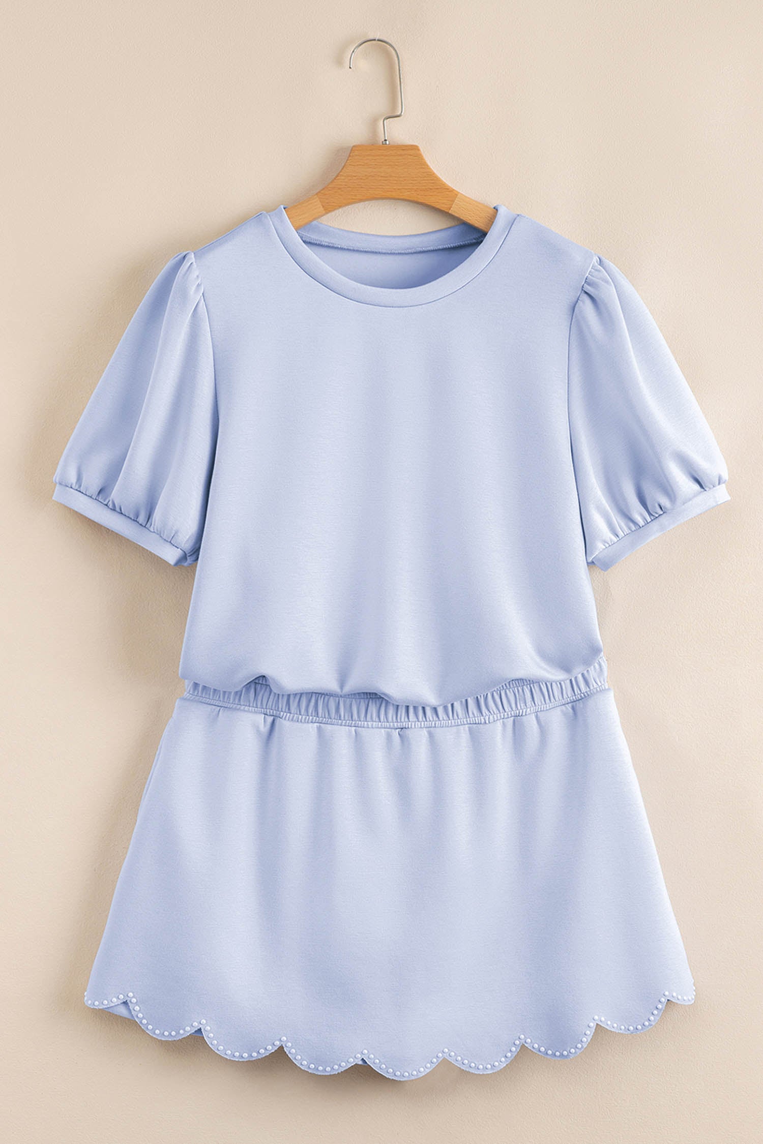 Puff Sleeve Pearl Embellished Scallop Trim Top 2 Piece Skort Set