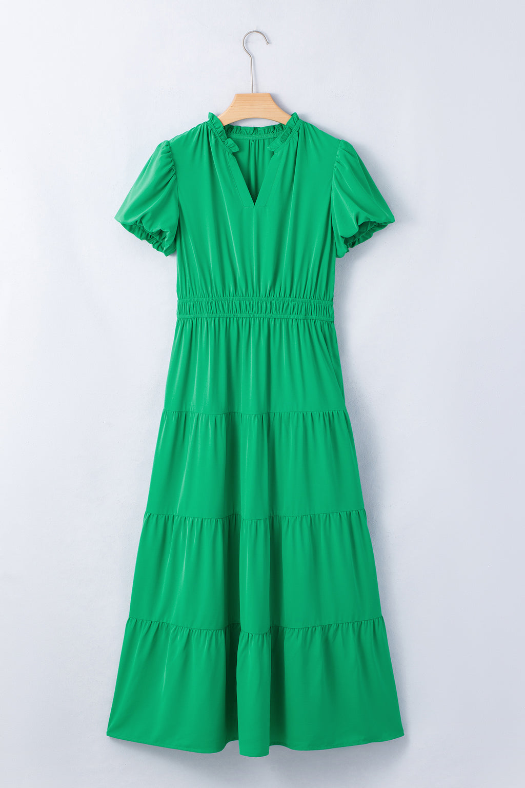 Solid Color V Neck Short Puff Sleeve High Waist Tiered Maxi Dress