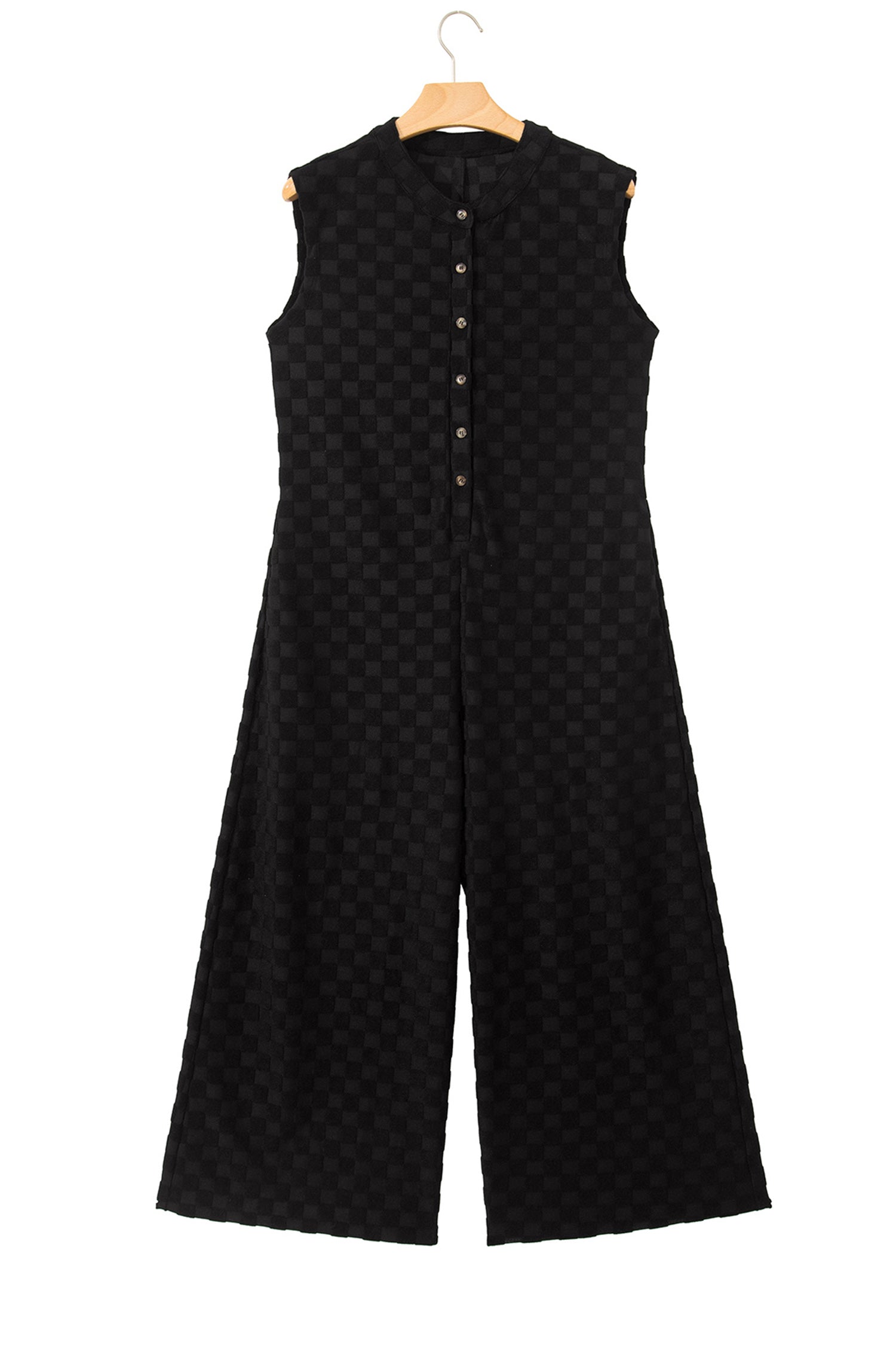 White Half Buttons Sleeveless Wide Leg Textured Jumpsuit