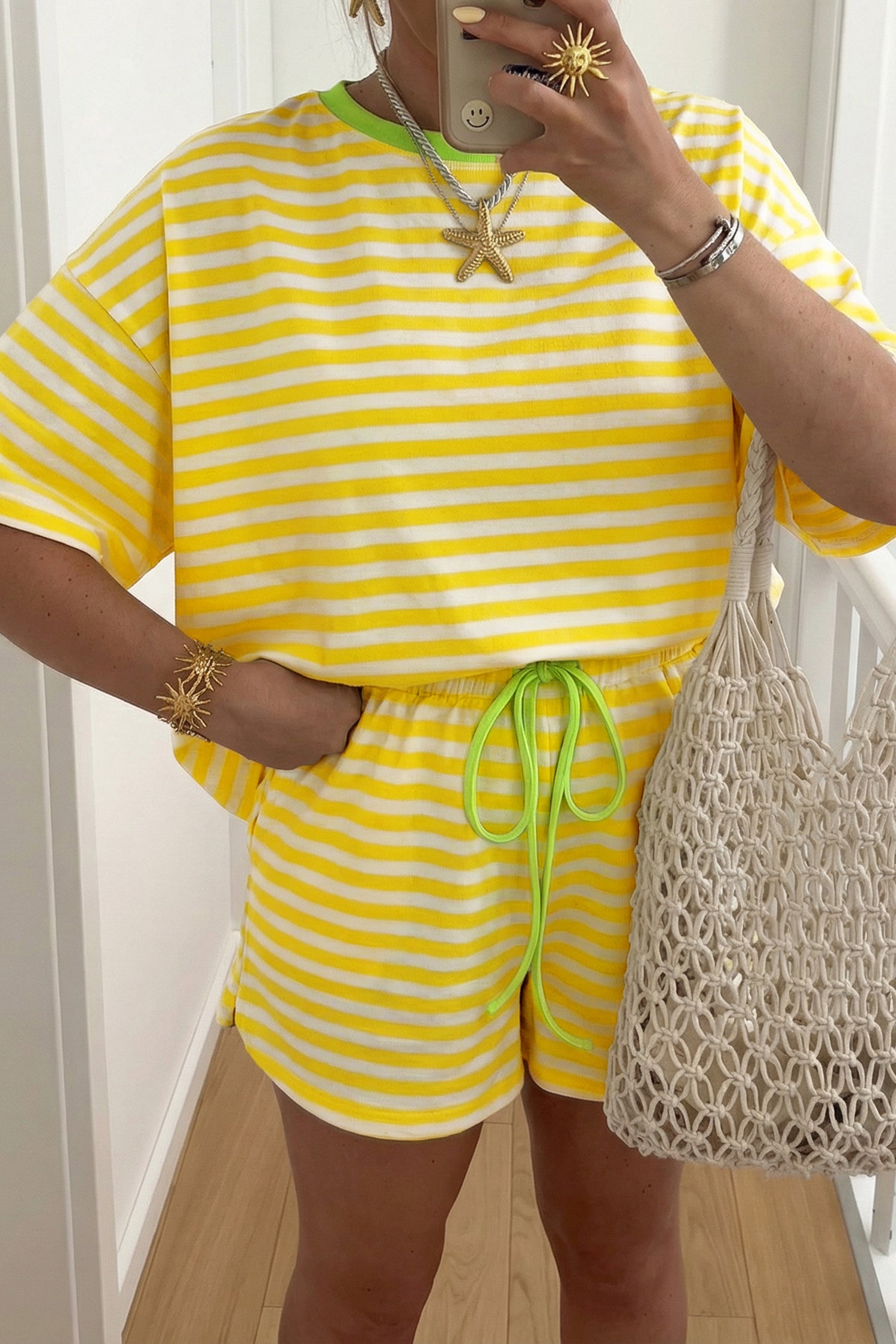 Stripe Contrast Neck Loose Tee and Drawstring Shorts Set