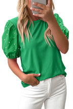 Ribbed Pearl Beaded Puff Sleeve Top