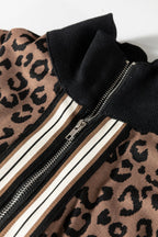 Khaki Leopard Print Quarter Zip Long Sleeve Top Mini Skirt Set