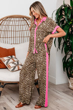 Brown Contrast Trim Leopard Top and Pant Set