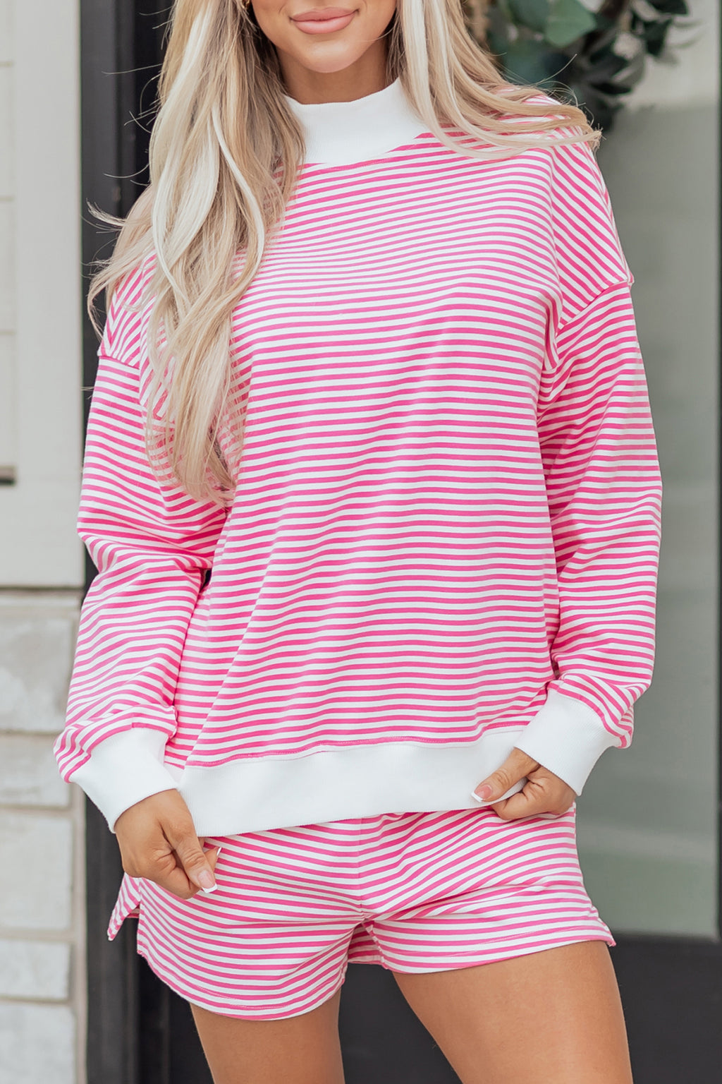 Red Stripe Oversize Mock Neck Sweatshirt and Shorts Set
