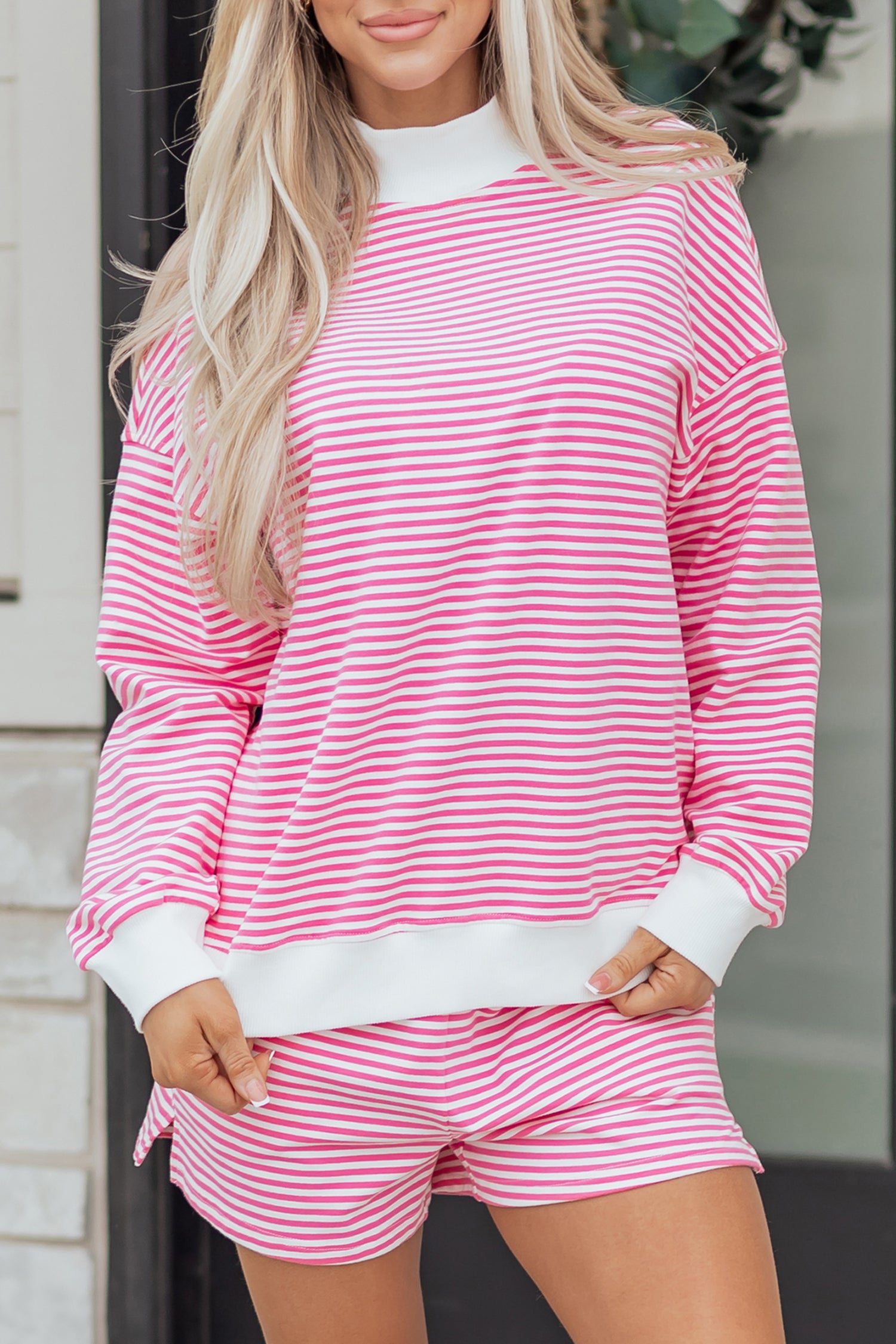 Red Stripe Oversize Mock Neck Sweatshirt and Shorts Set