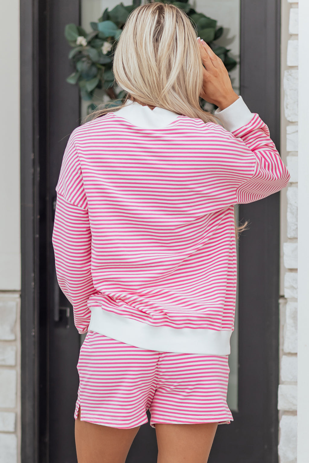 Red Stripe Oversize Mock Neck Sweatshirt and Shorts Set