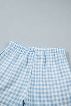 Sky Blue Plaid Baggy Pullover Drawstring Casual Shorts 2pcs Outfit