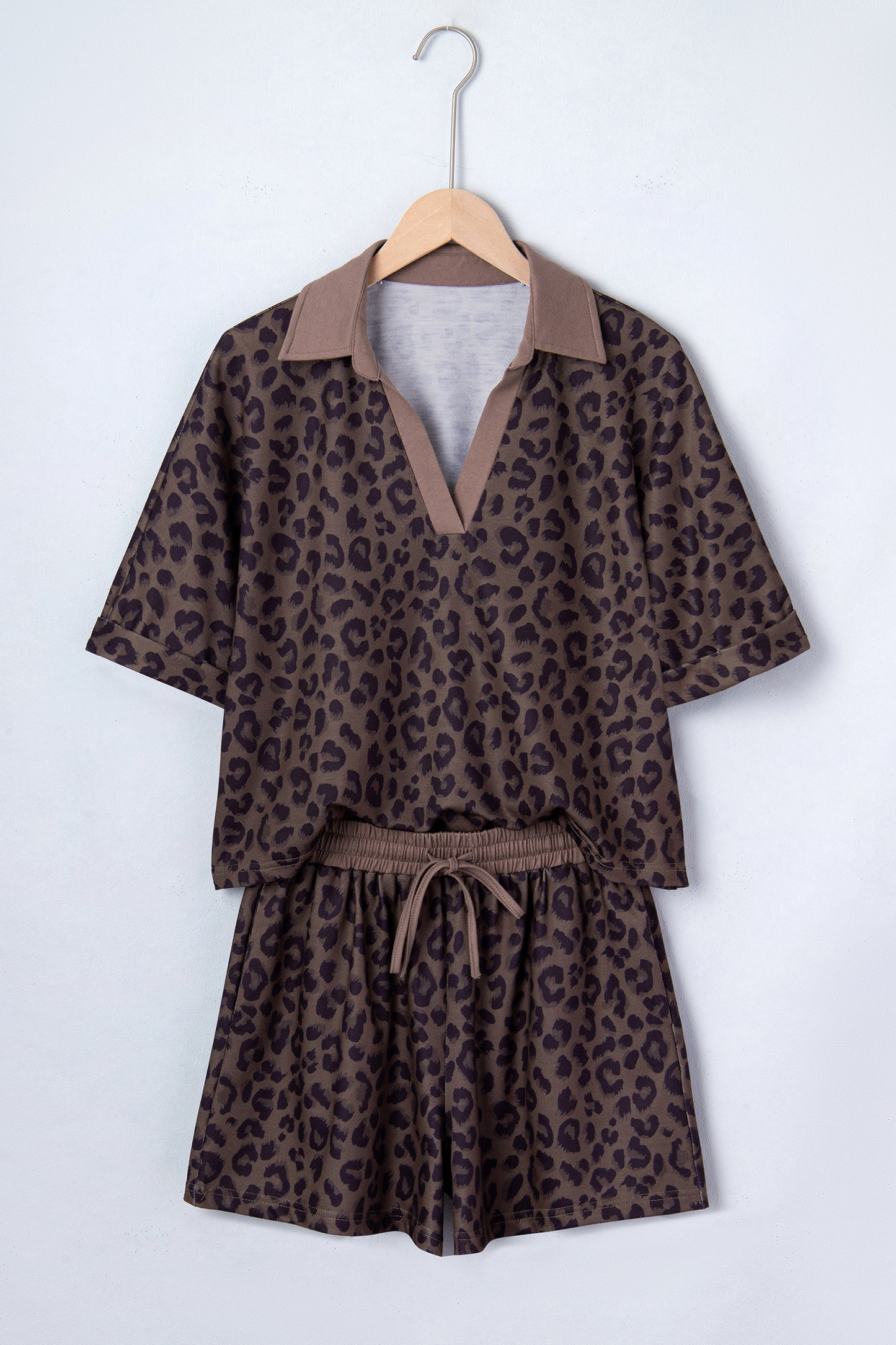 Brown V Neck Collar Leopard Printed 2pcs Short Set