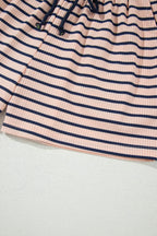 Blue Stripe Color Block Long Sleeve Pullover Ribbed Knit Casual Shorts Set