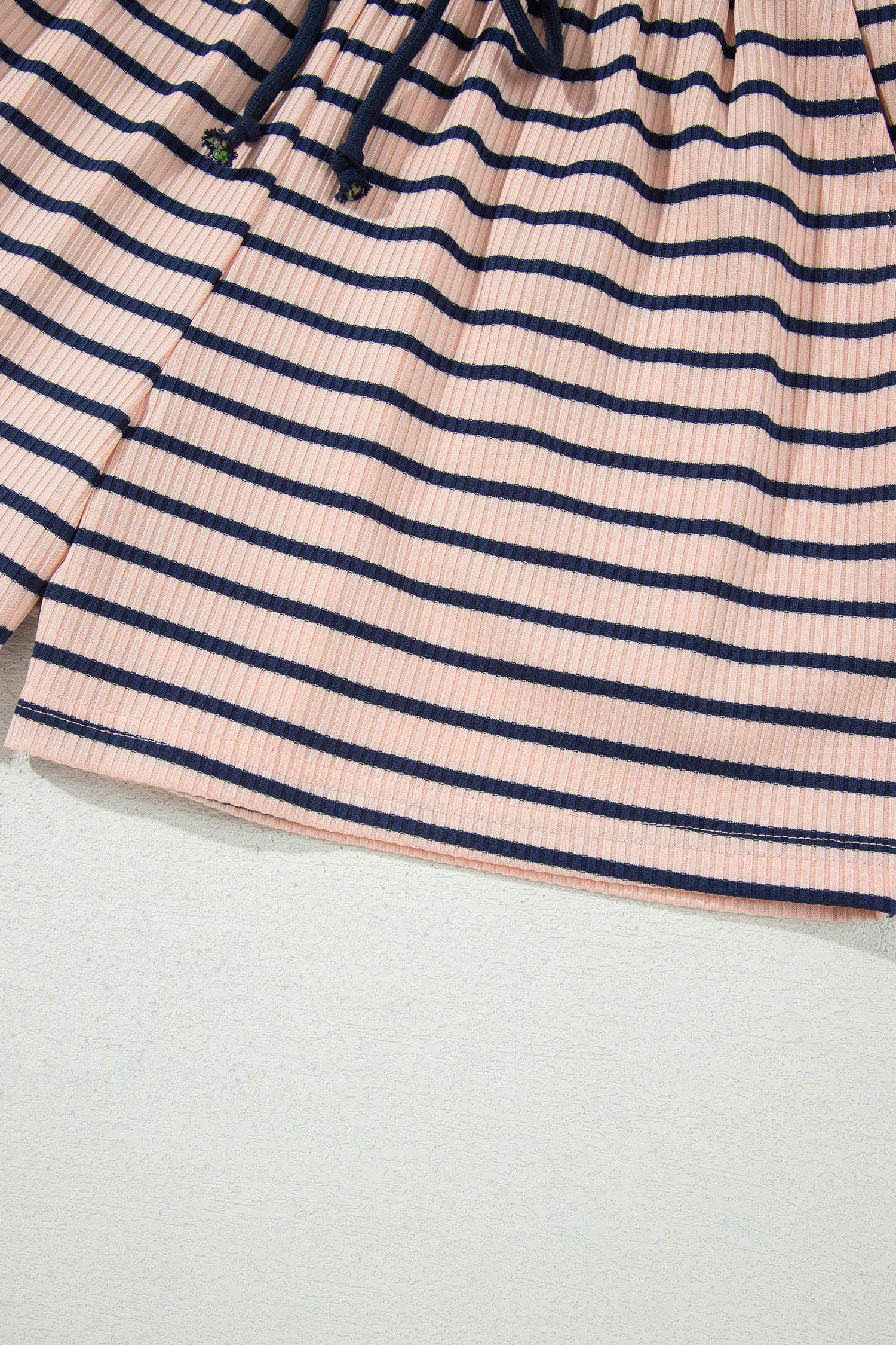 Blue Stripe Color Block Long Sleeve Pullover Ribbed Knit Casual Shorts Set