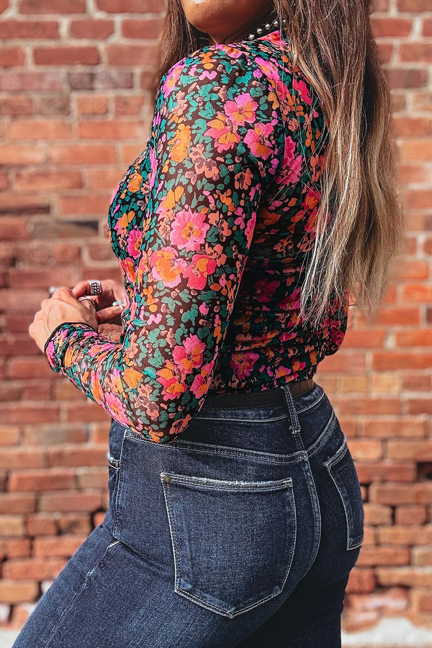Rose Plus Size Vintage Floral Print Mesh Long Sleeve Top