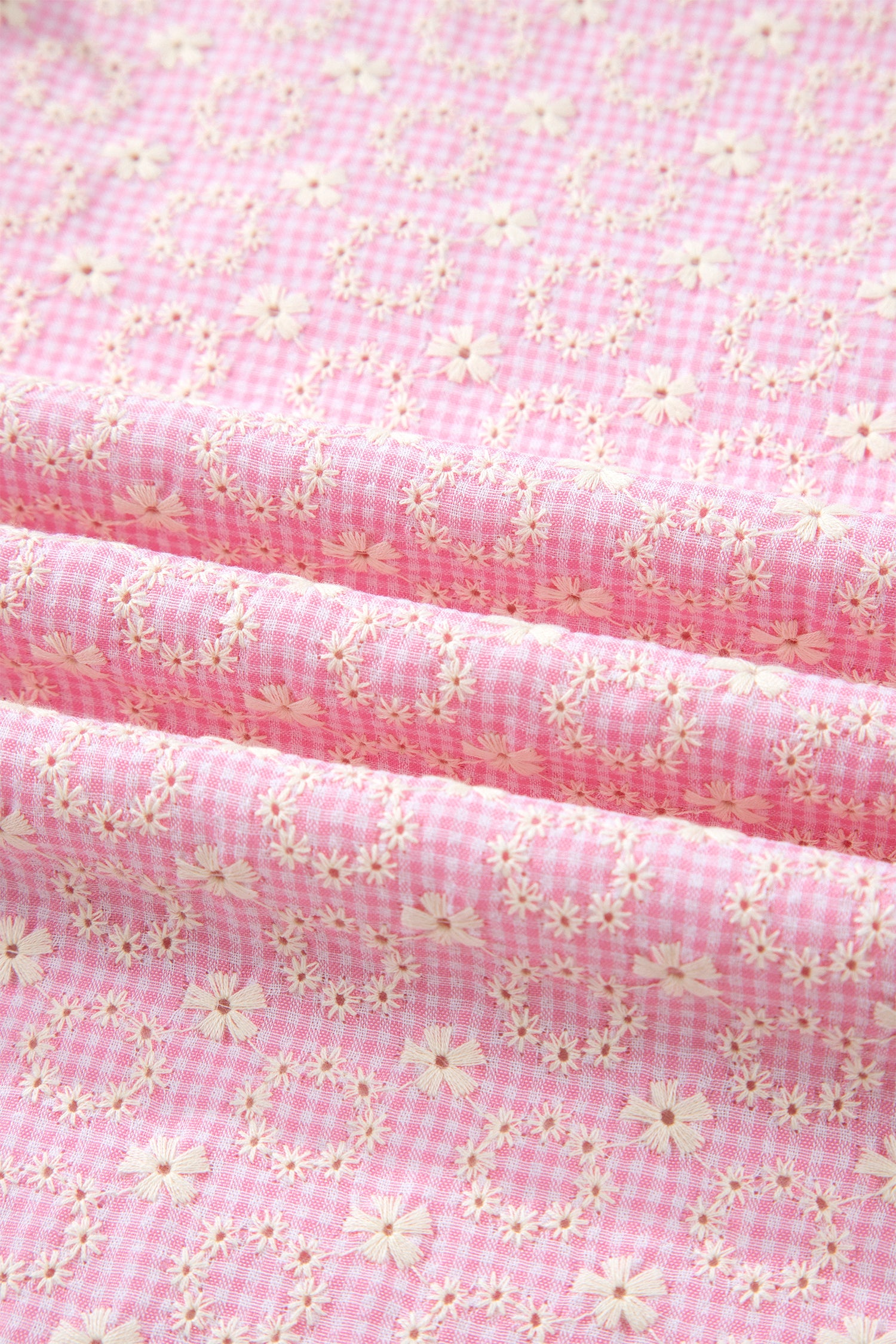 Pink Eyelet Embroidered Flower Texture Contrast Lace Trim Flutter Sleeve Blouse