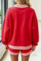 Fiery Red Gingham Trim Baggy Pullover 2pcs Short Set