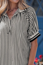 Black Stripe Polo Collar Half Zip Short Puff Sleeve Blouse