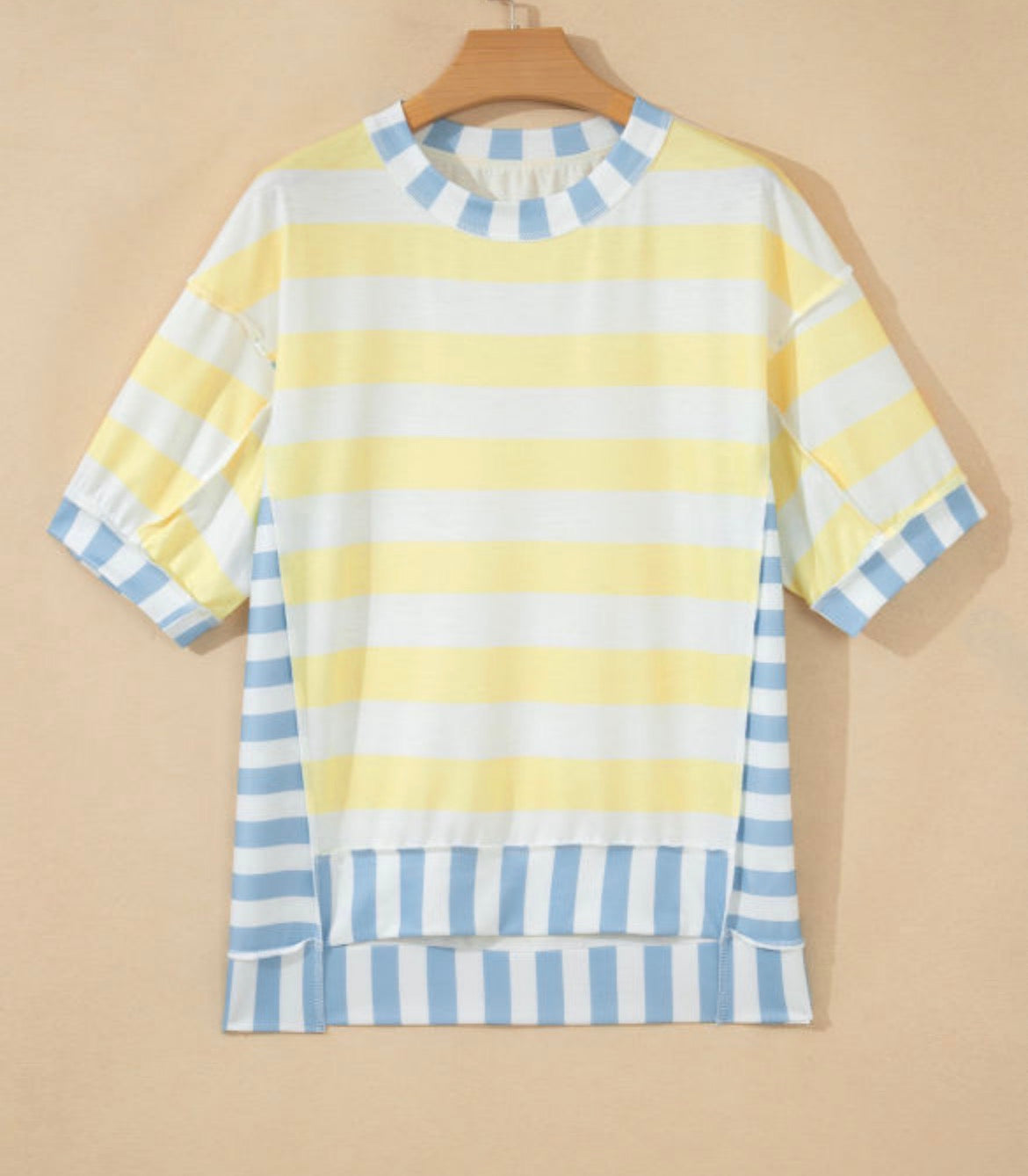 Yellow stripe exposed seam contrast patchwork oversized top