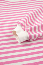 Pink Striped Long Sleeve Crew Neck Drawstring Waist Shorts Set