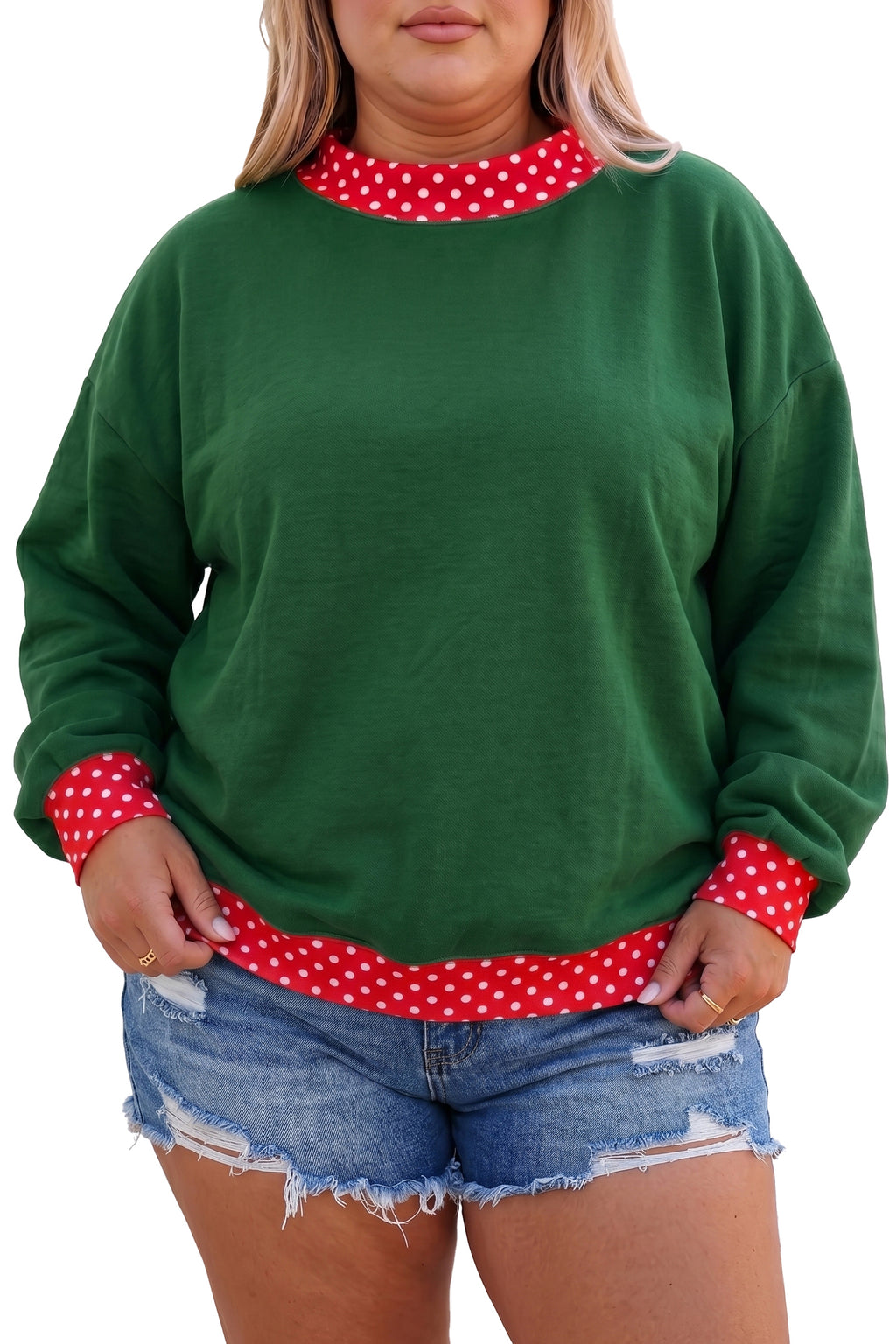 Polka Dot Patchwork Round Neck Plus Size Sweatshirt