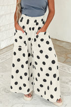 Brown Polka Dot Wide Leg Elastic Waist Casual Pants