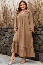 Chestnut Smocked V Neckline Leopard Piping Accent Bracelet Plus Size Long Dress
