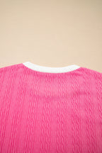 Bright Pink Textured Color Block Trim Loose Tee Drawstring Shorts 2pcs Set