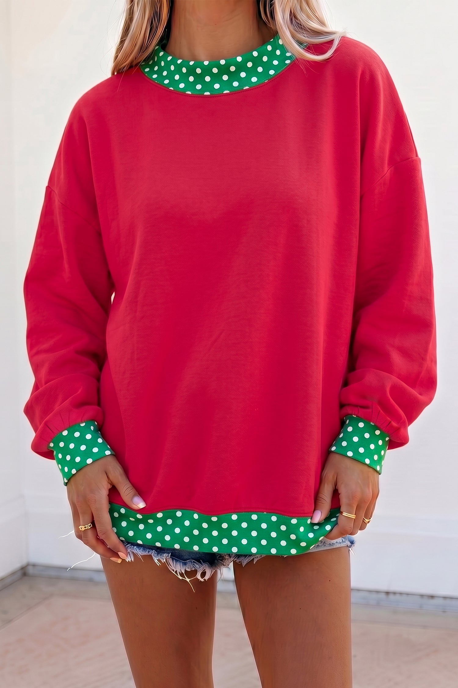 Racing Red Colorblock Polka Dot Contrast Trim Oversized Sweatshirt
