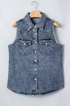 Ashleigh Blue Solid Denim Button Front Pocket Sleeveless Cowboy Vest