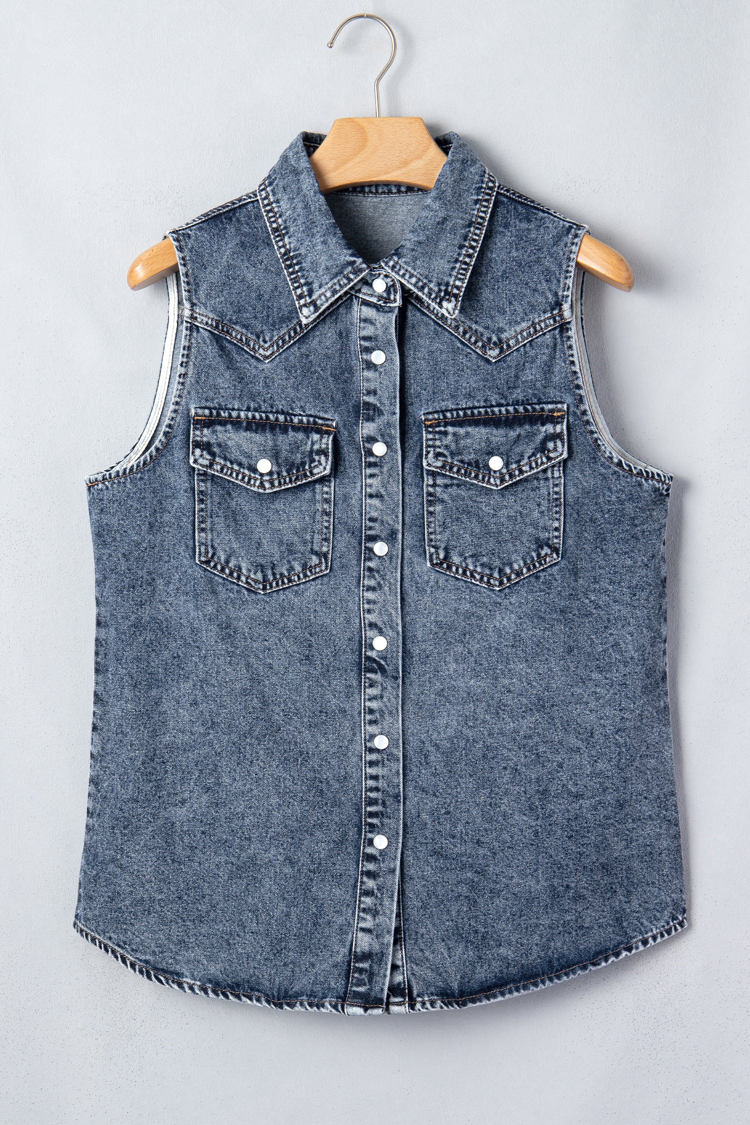 Ashleigh Blue Solid Denim Button Front Pocket Sleeveless Cowboy Vest
