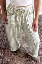 Plaid contrast trim drawstring elastic waist shift pants from Dear-Lover with stylish pattern and relaxed fit, perfect for casual wear.