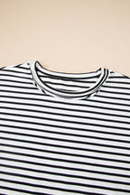 Black Stripe Floral Puff Sleeve Patchwork Round Neck Loose Top