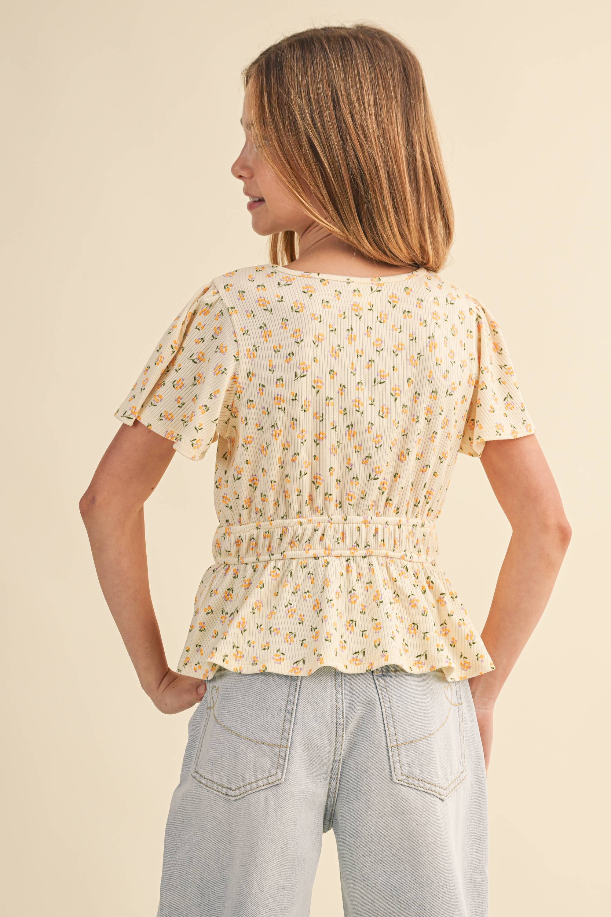 TWEEN KIDS GIRLS ROUND NECK FLUTTER SLV PEPLUM TOP