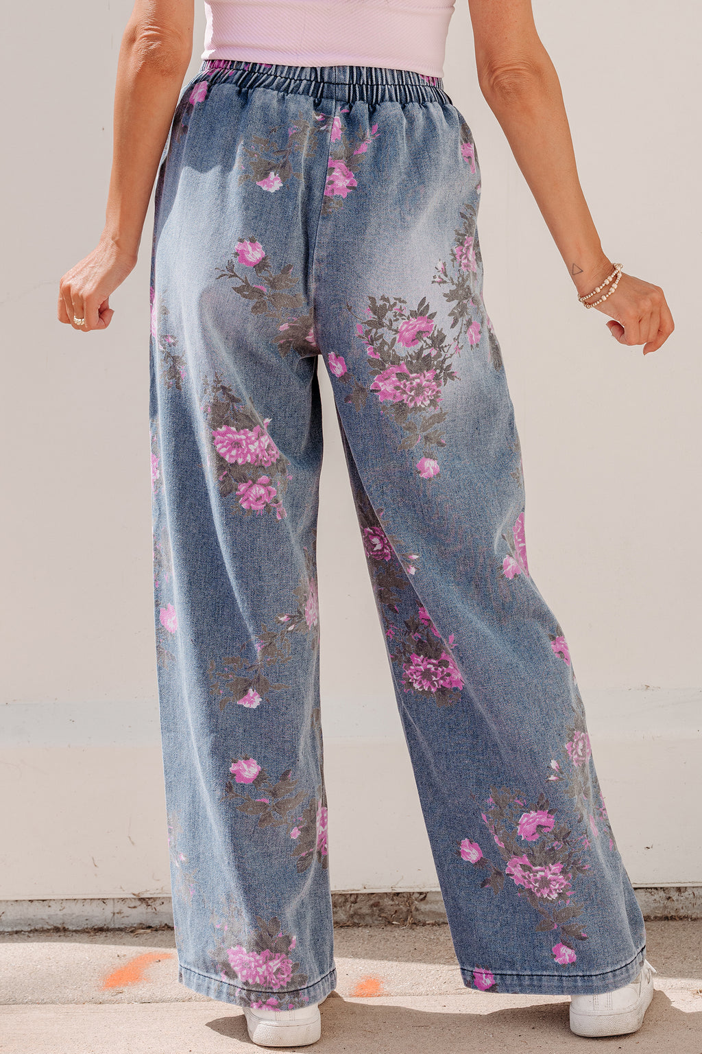 Beau Blue Floral Print Elastic Waist Pull On Casual Jeans