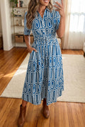 Blue Geometric Print Short Sleeve Drawstring Shirt Collar Dress