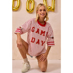 GAMEDAY THEME STRIPE KNIT TOP WITH SLEEVE PATCHED