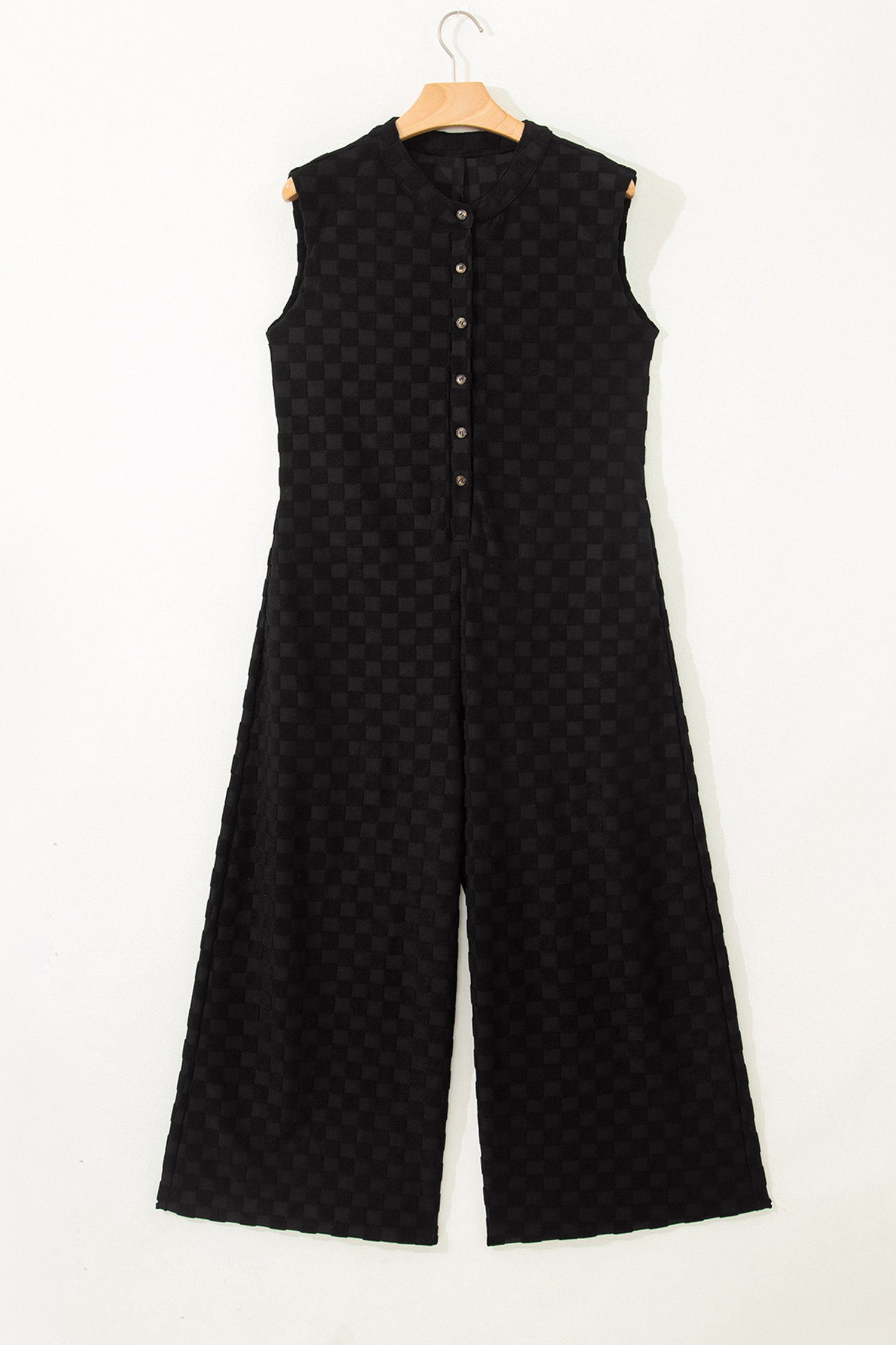 White Half Buttons Sleeveless Wide Leg Textured Jumpsuit