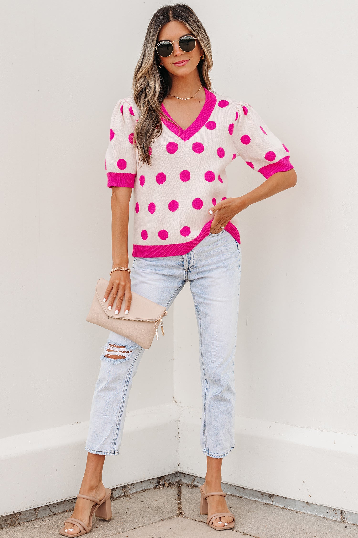 Rose Red Polka Dot Puff Short Sleeve Sweater Top