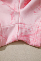 Pink Abstract Print Ribbed Crewneck Long Sleeve Top Elastic Waist Short Set
