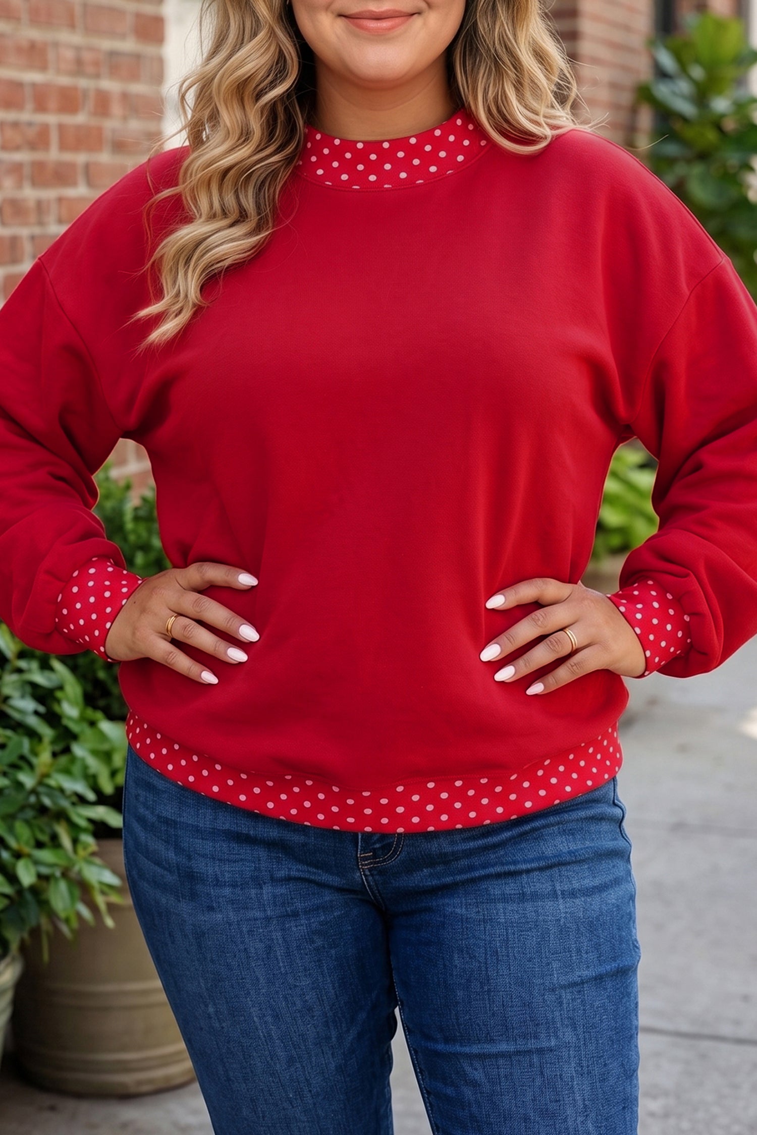 Polka Dot Patchwork Round Neck Plus Size Sweatshirt