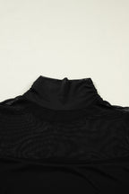 Coffee Sheer Mesh Patchwork High Neck Long Sleeve Top