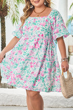 White Floral Print Ric-rac Trim Square Neck Plus Size Mini Dress